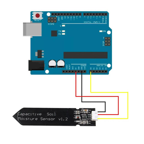 Five Pack Capacitive Analog Soil Moisture Sensor Modules 3.3 To 5.5V for Arduino wiring diagram shown with a board connection.