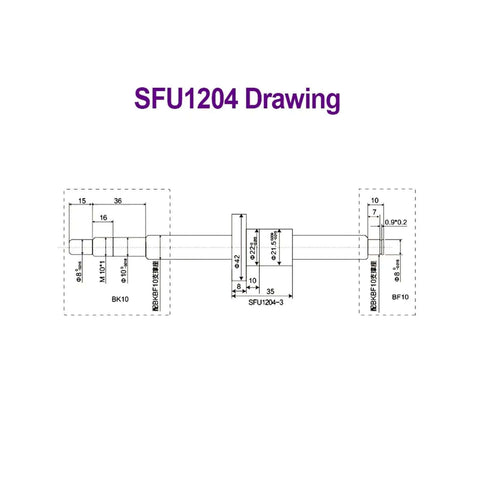 SFU1204 ballscrew drawing with BK10 and BF10 support blocks for DIY CNC builds