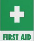 Durable Aluminum First Aid Metal Sign 12 By 8 Inches For Home Kitchen Farm Garden Garage Indoor Outdoor Use Rust Resistant Industrial Warning Design High Visibility showing a green sign with a white cross and 'FIRST AID' text.