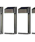 Set of 4 black solar powered post accent lights for outdoor use with warm glow, simple install, weatherproof and low maintenance.