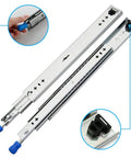 No Nonsense Heavy Duty Ball Bearing Drawer Slides With Solid Locking Feature showing the smooth gliding action and blue locking mechanism.
