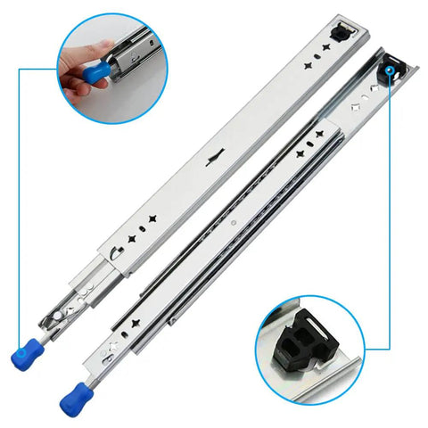 No Nonsense Heavy Duty Ball Bearing Drawer Slides With Solid Locking Feature showing the smooth gliding action and blue locking mechanism.