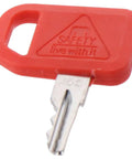 Close-up of red key from Ten Piece T209428 Ignition Keys Kit For JD Skid Steer Loader Compact Track Loader Replacement