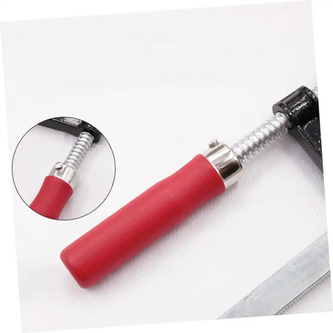 Close-up of Heavy Duty Woodworking Clamps Set with red ergonomic handle and steel components, ideal for fastening in industrial projects.
