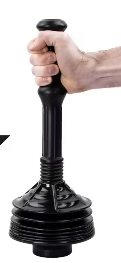 Hand using No Sweat Bellows Toilet Plunger with 21 inch handle for stubborn blockages and low flow drains.
