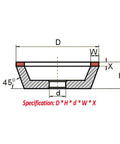 Illustration of Diamond Abrasive Sheet And Cup Wheel Set dimensions for 150mm 125mm 100mm 180 Grit Resin Bond Bowl Shape.
