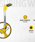 Heavy Duty Gear Driven Measuring Wheel With Tough Plastic Housing And Five Digit Counter Built Like A Tank With Quick Fold Handle And Kickstand Diecast Aluminum Wheel Aces Road Layouts Mw40M features a yellow handle and a large aluminum wheel.