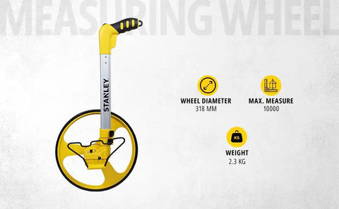 Heavy Duty Gear Driven Measuring Wheel With Tough Plastic Housing And Five Digit Counter Built Like A Tank With Quick Fold Handle And Kickstand Diecast Aluminum Wheel Aces Road Layouts Mw40M features a yellow handle and a large aluminum wheel.
