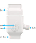 Downspout Diverter for 2x3 Standard Gutters Fits 2x3 Downspouts, Collect Rainwater Into Your Rain Barrel, Eco Friendly Garden Watering System, No Fuss Install, Maximize Harvested Rain And Cut Water Bills. White plastic diverter with outlet port, switch, and top cap