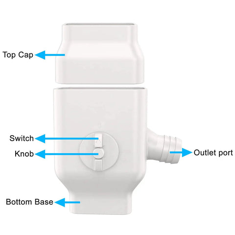 Downspout Diverter for 2x3 Standard Gutters Fits 2x3 Downspouts, Collect Rainwater Into Your Rain Barrel, Eco Friendly Garden Watering System, No Fuss Install, Maximize Harvested Rain And Cut Water Bills. White plastic diverter with outlet port, switch, and top cap