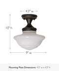 Vintage Schoolhouse Semi Flush Mount Ceiling Light in oil rubbed bronze with white glass shade, 9-inch wide, 10-inch height.