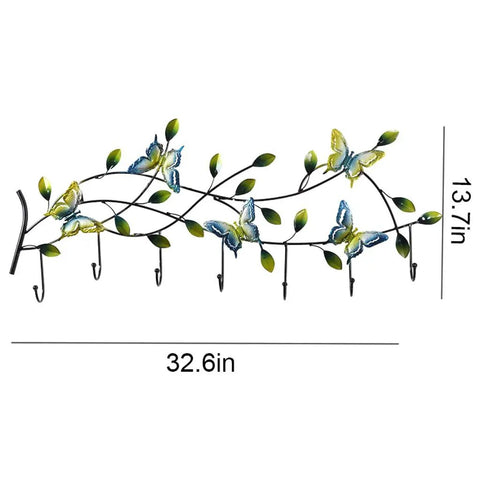 Wall Mounted Coat Rack With Seven Sturdy Hooks Entryway Organizer For Jackets Keys And Bags Zero Hassle Install And Sleek Finish, 32.6in by 13.7in with butterfly design.