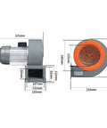 Heavy Duty Industrial Centrifugal Blower Fan Built to Crush the Heat for Smoke Exhaust Plumbing and Water Damage Restoration Runs Dead Quiet on Heavy Duty Sleeve Bearings side view with dimensions.