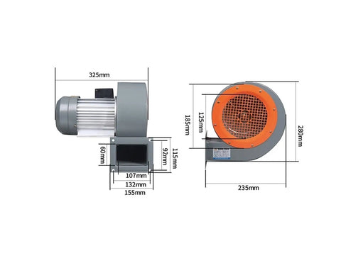 Heavy Duty Industrial Centrifugal Blower Fan Built to Crush the Heat for Smoke Exhaust Plumbing and Water Damage Restoration Runs Dead Quiet on Heavy Duty Sleeve Bearings side view with dimensions.