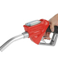 Digital Gasoline Nozzle Flow Meter For Precise Fuel Transfer At Gas Stations And Factories Accurate Measurement With Four Units Liters Gallons Pints Quarts Easy Gun Style Oil Pump Gauge For Quick Readouts, red nozzle close-up