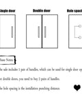 Diagram showing single and double door installation for heavy duty stainless steel gate hardware glass door handle 800x600mm.