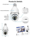Diagram of Screw-In Wireless PTZ Security Camera 1080P HD With E27 Light Socket, featuring detailed components and packaging.