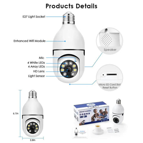 Wireless Light Bulb Security Camera With E27 Socket 1080P HD PTZ CCTV Auto Motion Tracking Two Way Audio Night Vision Easy Plug And Play WiFi Tuya Smart Life App Compatible Pack Of 2 - product details diagram