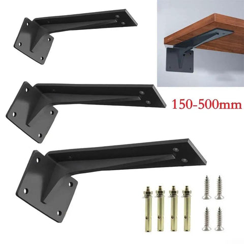 Heavy Duty Shelf Brackets 150 To 500mm Black Steel L Brackets shown with screws and installed on shelf
