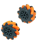 Two 65mm high-hardness plastic mecanum wheels with orange rollers and gray hubs for omnidirectional drive