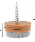 Close-up of a single brown 20mm screw-on felt pad for wooden furniture legs, showing measurements, steel screw, and felt base.