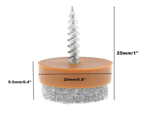 Close-up of a single brown 20mm screw-on felt pad for wooden furniture legs, showing measurements, steel screw, and felt base.