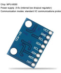 GY-521 MPU-6050 6 DOF Sensor Module Pack With 3 Axis Accelerometer Gyroscope And 16 Bit ADC Output I2C Data Interface For Arduino DIY Projects Five Piece Kit For Easy Prototyping And Robotics blue PCB module with pin labels