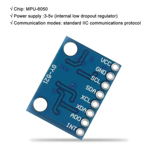 GY-521 MPU-6050 6 DOF Sensor Module Pack With 3 Axis Accelerometer Gyroscope And 16 Bit ADC Output I2C Data Interface For Arduino DIY Projects Five Piece Kit For Easy Prototyping And Robotics blue PCB module with pin labels