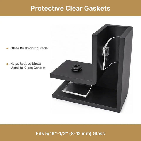 Solid Matte Black 90 Degree Shower Glass Corner Clamp For Frameless Panels Fits 3/8 To 1/2 Thick Glass with clear gaskets
