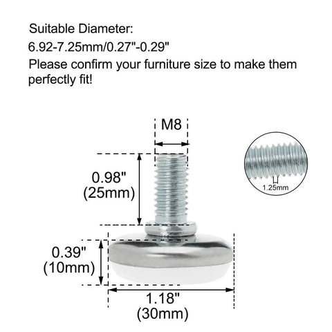 Diagram of M8 Screw On Furniture Glide Leveling Feet, Heavy Duty Adjustable Floor Protectors, dimensions and threaded detail shown.