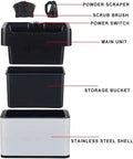 Electric Portafilter Cleaner And Knock Box Offers Hella Easy Cleanup For Home Baristas Quick Grounds Removal showing parts including stainless steel shell and storage bucket.