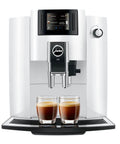 Straight Up Game Changer Automatic Espresso Coffee Maker With Easy Cappuccino Function And Premium Aroma Grinder In Sleek Piano White Finish. Front view with two espresso cups.