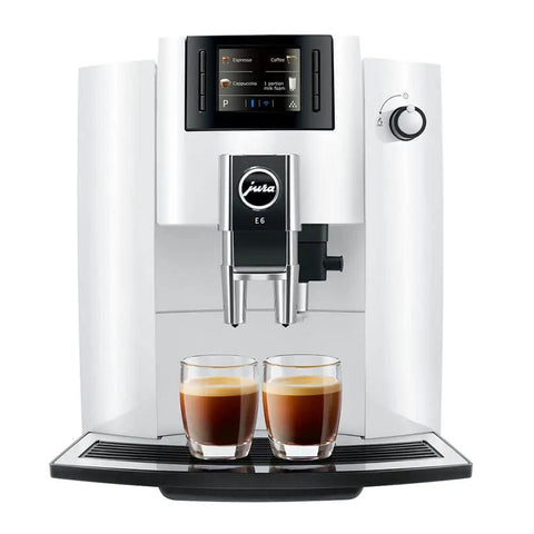 Straight Up Game Changer Automatic Espresso Coffee Maker With Easy Cappuccino Function And Premium Aroma Grinder In Sleek Piano White Finish. Front view with two espresso cups.
