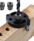 Self Centering Doweling Jig For Straight Holes Handheld Drill Guide With Adjustable Feet Fits Boards Up To One And Three Quarters Inches Thick 6mm 8mm 10mm Dowel Holes Woodworking Joint Locator Easy To Use Wood Panel Hole Puncher shown in use on wood