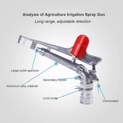 1.5 Inch Agriculture Irrigation Sprinkler With 360 Degree Rotary Action Heavy Duty Zinc Alloy Farm Water Distributor Roll Out Broad Coverage showing nozzle and adjustable parts.