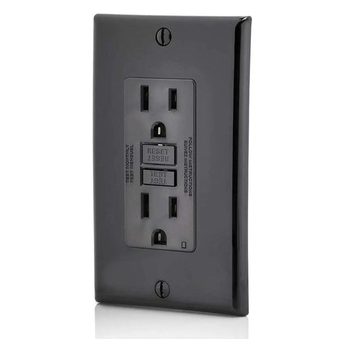 GFCI Outlet 15 Amp Self Test Non Tamper Resistant With LED Indicator Light Black GFNT1E Ground Fault Protection To Prevent Electric Shock And Electrocution NEC Compliant