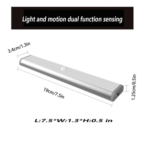 Under Cabinet LED Lights With Motion Sensor And USB Rechargeable Magnet Light Bar dimensions shown in graphic