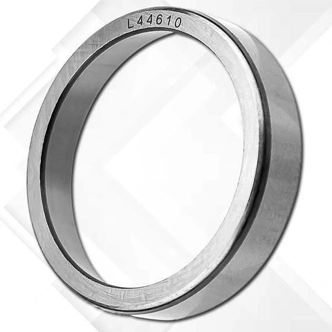 Trailer bearing race, silver metal ring labeled L44610 for trailer axle bearing kits
