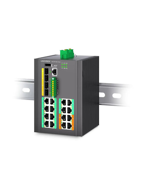 Industrial 16 Port Full Gigabit L3 Managed PoE Switch With Four 10G SFP Uplinks And A 370W PoE Budget in a rugged design