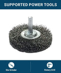 Heavy Duty 2.5 Inch Grinder Mounted Crimped Wire Wheel Set For Drill With One Quarter Inch Shank, displayed with die grinder