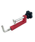 Dead Easy Quick Release Aluminum Miter Clamps With Killer 600 Pound Grip And Non Marking Rubber Pads For Smooth Picture Frame Assembly And Shop Projects Done Right, red aluminum clamp with a black knob.