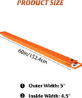 Orange pallet forklift extensions, 60in long, outer width 5in, inner width 4.5in, pair
