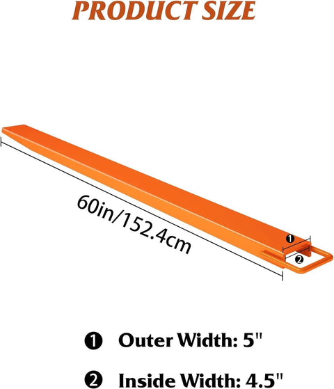 Orange pallet forklift extensions, 60in long, outer width 5in, inner width 4.5in, pair