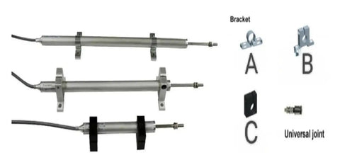 LVDT Linear Position Sensor With Eye Rod KPM12 100mm Travel Range, industrial grade, with brackets and universal joint, multiple views.
