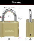 Dimensions of Brass Resettable Four Digit Padlock For Indoor And Outdoor Use, 2in body, 1in shackle, side and front view shown
