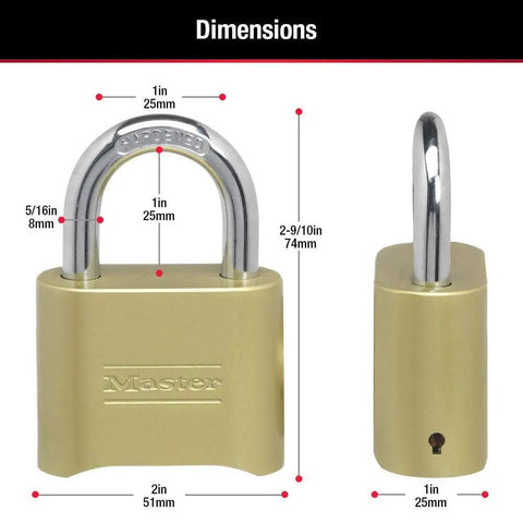 Dimensions of Brass Resettable Four Digit Padlock For Indoor And Outdoor Use, 2in body, 1in shackle, side and front view shown