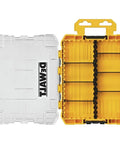 Medium Duty Tool Box With Eight Compartments Small Parts Organizer, clear lid and yellow dividers, open view.