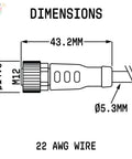 Dimensions diagram of 5 Pin Female Sensor Cable With Flying Leads 0.5m ACoded 22AWG PVC Insulated 300V 3A