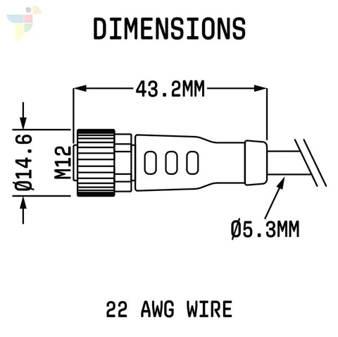 Dimensions diagram of 5 Pin Female Sensor Cable With Flying Leads 0.5m ACoded 22AWG PVC Insulated 300V 3A