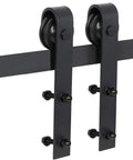 Premium Heavy Duty Sliding Barn Door Hardware Kit Matte Black Adjustable Track System For Single Door rollers and track close-up.